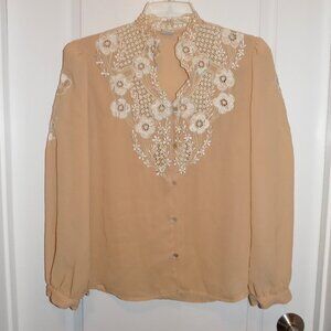 VTG 70s Cut-out Lace Embroidered Blouse Womens Sheer 8 S/M Beige LA JENARMI 80s